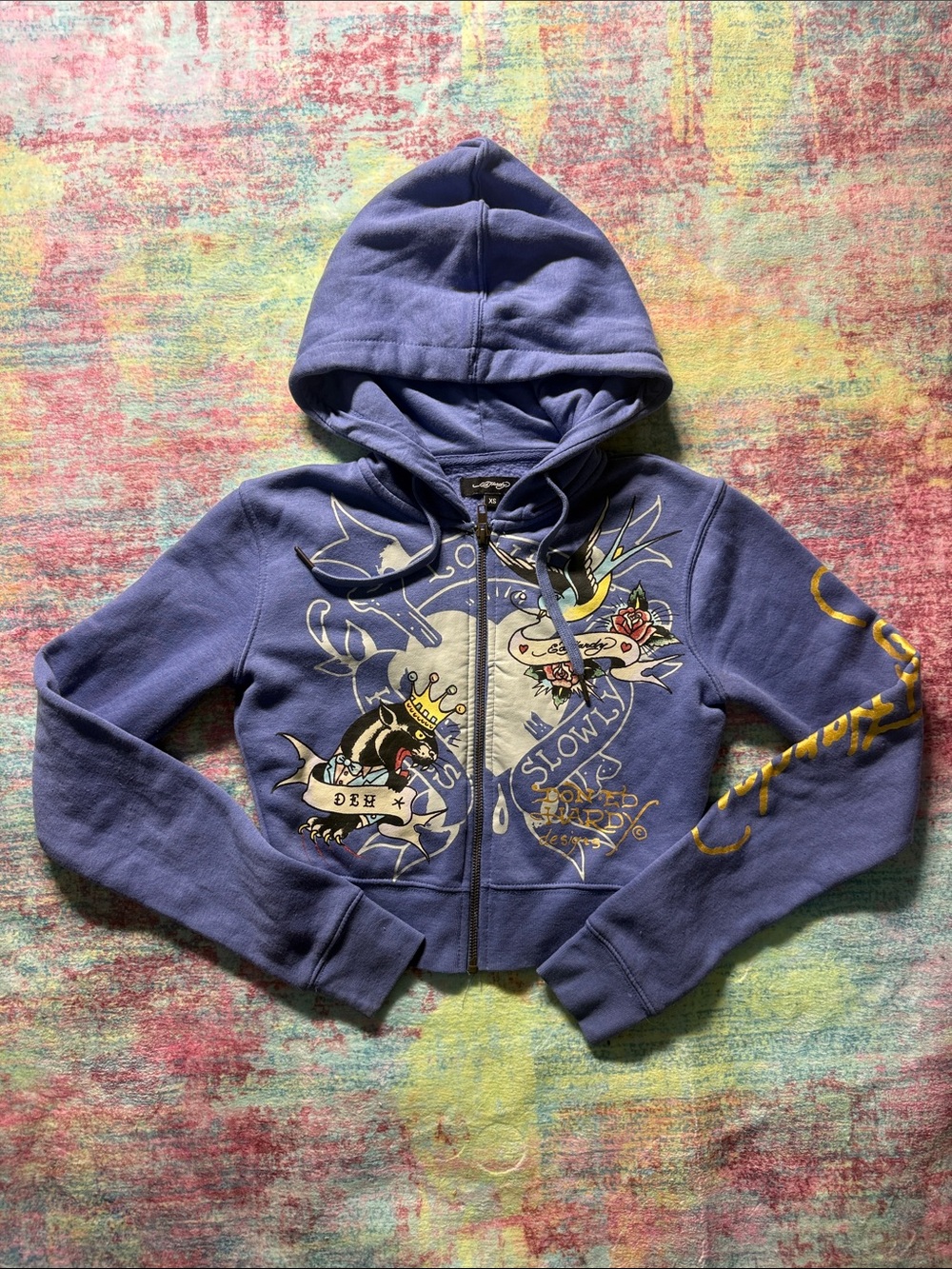 Ed Hardy Champion Purple Zip-Up Hoodie with Tattoo-Inspired Front Art